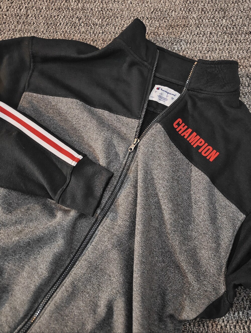 Champion Men's Gray & Black Full-Zip Track Jacket with Red Logo Size XL